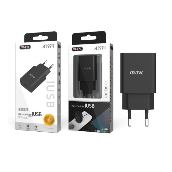 ADAPTADOR DE CARREGAMENTO COM 1 USB 2.4A MTK PRETO